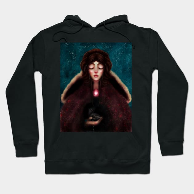 Young Girl in a Renaissance Cloak Holding a Raven With a Starry Night Sky- Gothic Art- Witch Art Hoodie by penandbea